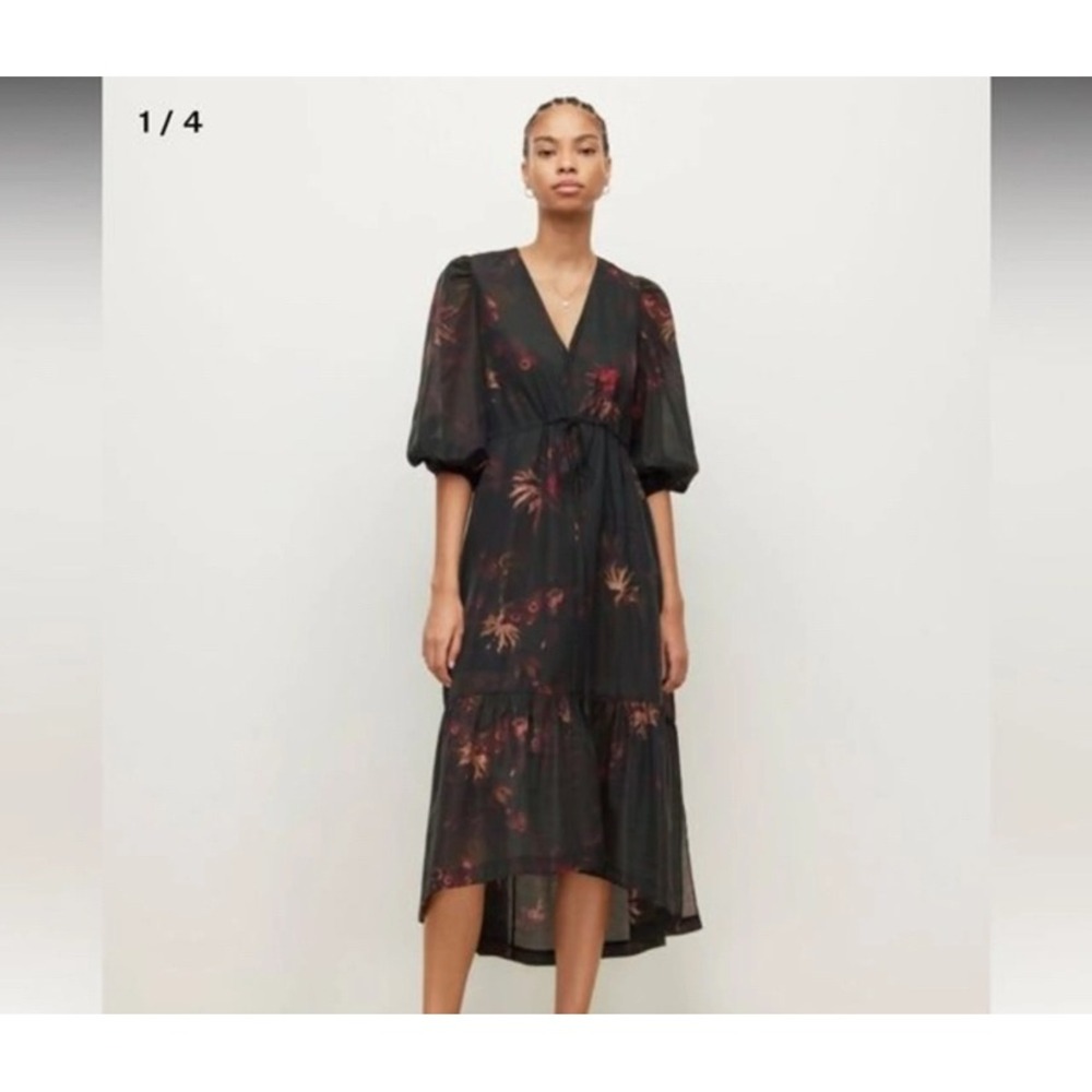 AllSaints Rosi Nila Dark Floral Maxi Dress Puff Sleeve Drawstring Green US 10